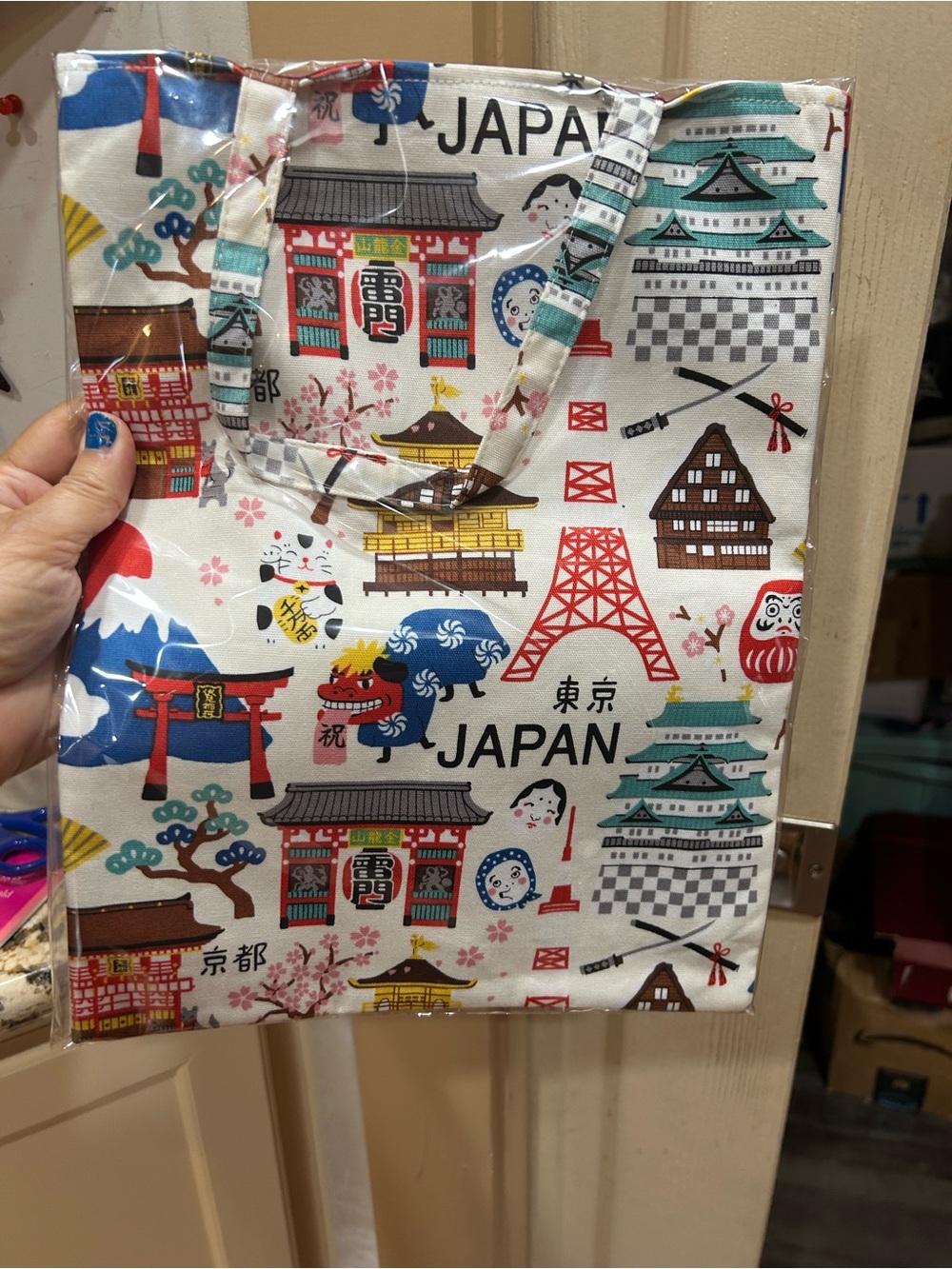 Japan Print Canvas Tote Bag - White Multicolor